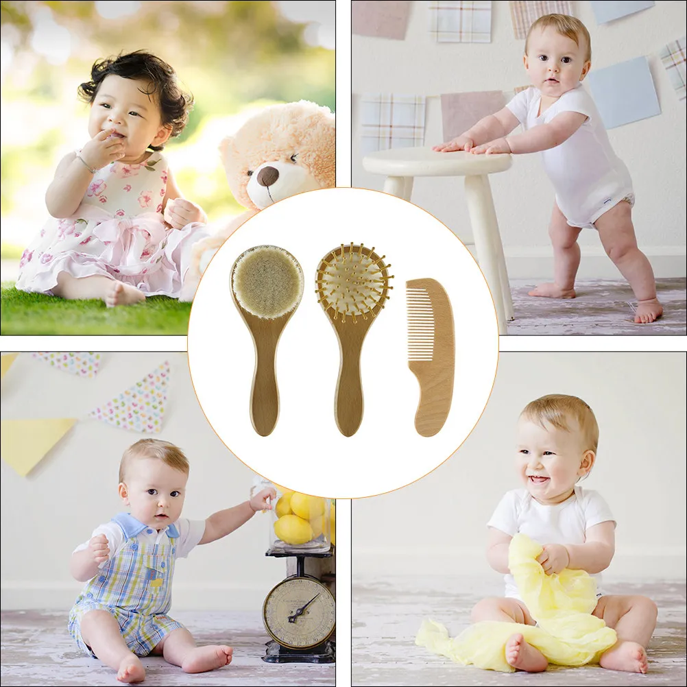 3Pcs Baby Massage Comb Set Natural Wool Wooden Hair Brush Newborn Scalp Grooming Oil Distribution Healthy Hair Growth Head Care