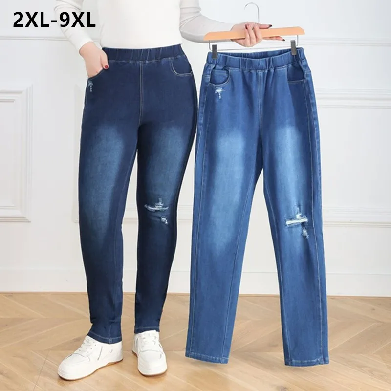 Women Jeans Slim Fit Ripped Pants Plus Size 9XL 8XL 7XL Pencil Stretched Female Scratched Oversized High Waist Denim Trousers