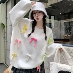 Dopamine Sweet Sweater Explosive Slimming Three Dimensional Bow Unique Design Versatile Knitted Top