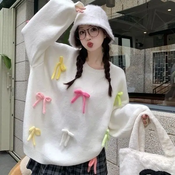 Dopamine Sweet Sweater Explosive Slimming Three Dimensional Bow Unique Design Versatile Knitted Top