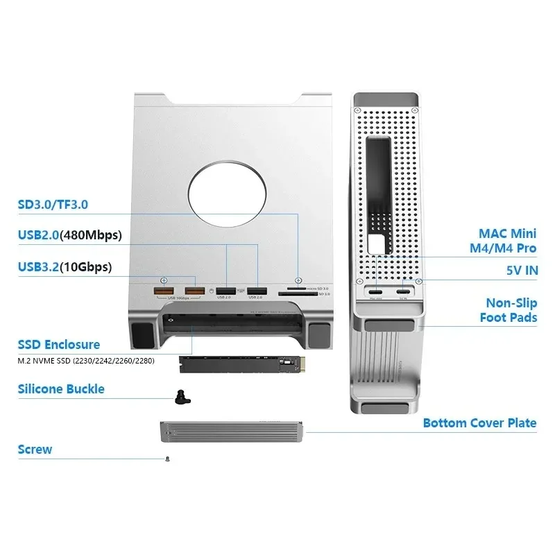 محور USB C مع حاوية M.2 SSD لجهاز Mac Mini M4/M4 Pro Stand Type-C 8TB Max 10Gbps USB3.2 Gen2 SD/TF محطة إرساء SSD