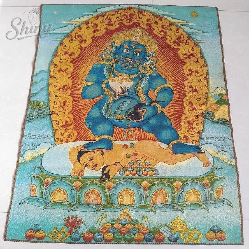 

35.4″ Black God of Wealth Brocade Tibetan Tangka Embroidery Painting Gold Thread Embroidery Decorative Hanging Pictures