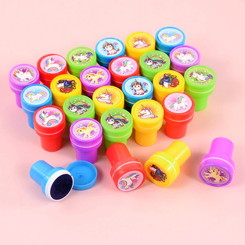 10pcs Cartoon Unicorn Animal Self-ink Stamps Toy Kids Birthday Party Favors Goodie Bag Pinata Fillers Boy Girl Christmas Gift