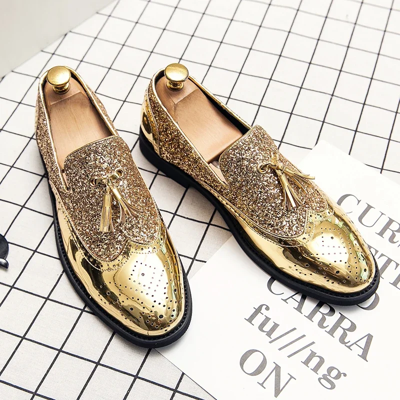 

Spring Men Golden Nightclub Wedding Casual Shoes Tassel Loafers Men's Slippers Comfortable Shoes Bright Leather Low Heeled Shoes