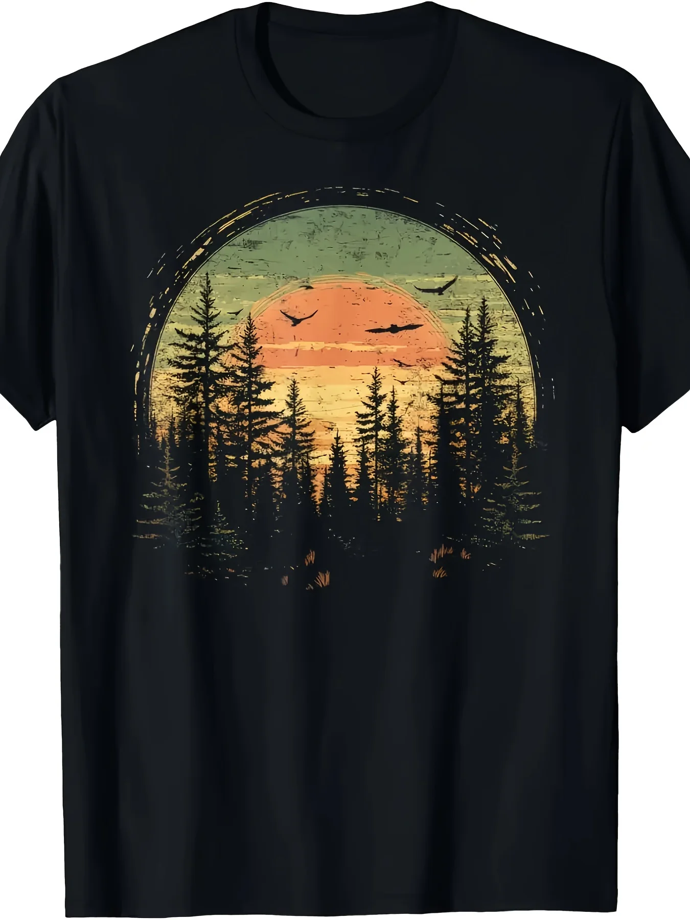 Men'S Casual T-Shirt, Vintage Outdoor Bear And Pine Tree Reflection Print, Round Neck, Short Sleeves, Suitable for All-Season Breathable Outdoor Activities And Everyday Wear, Bear Pattern T-Shirt
