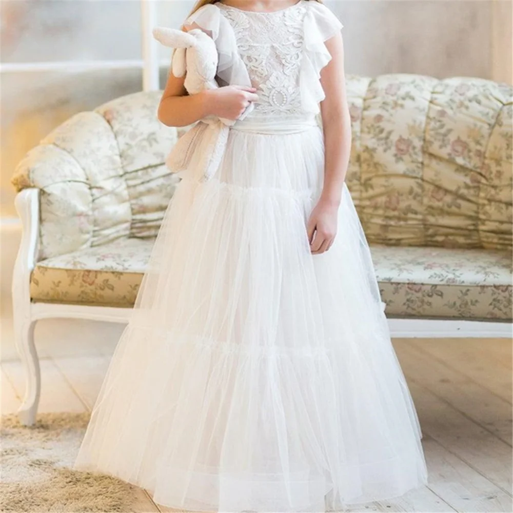 

Fashion Short-sleeved Tulle Lace Printing Flower Girl Dress Princess Ball First Communion Dresses Kids Surprise Birthday Present