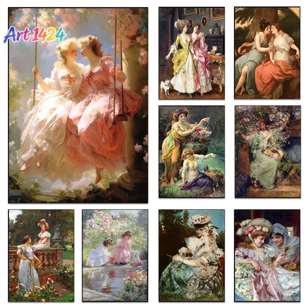 1pc frameless canvas painting Renaissance Art Women Love Poster Prints For Living Room Home Decor Vintage Victorian Girls Por
