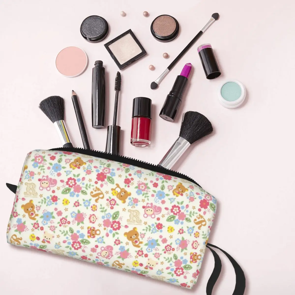 Cute Rilakkuma Flower Pattern Makeup Bag Cosmetic Organizer Dopp Kit Toiletry Cosmetic Bag for Women Beauty Travel Pencil Case