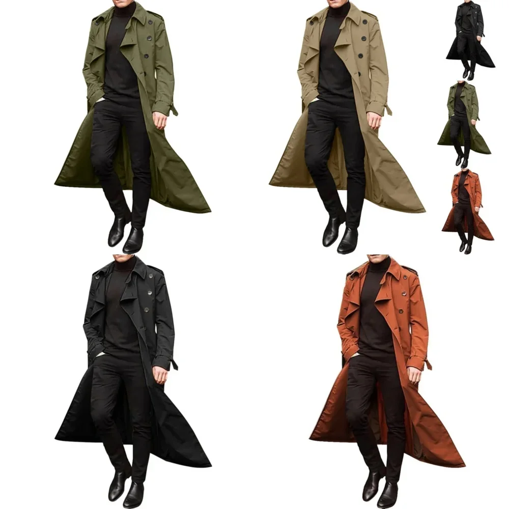 

Men Windbreaker Long Sleeve Extra Long Trench Coat Classic Double Breasted Solid Color Trendy Trench
