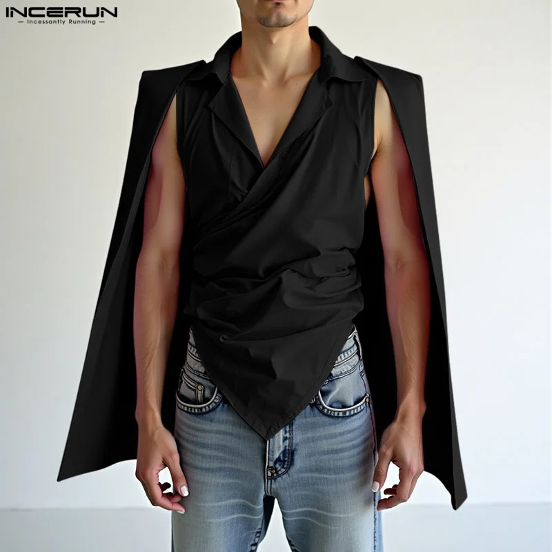 

2025 Мужская рубашка нестандартной формы, однотонная повседневная мужская рубашка без рукавов с лацканами, летняя накидка, уличная мужская рубашка S-5XL INCERUN