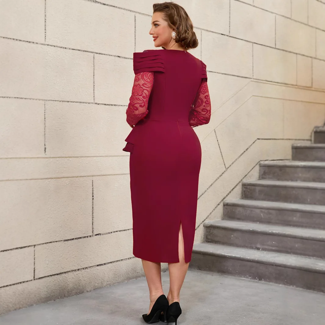 Vestido de banquete de casamento da mãe plus size vestido plissado manga de renda cintura alta emagrecimento elegante vestido casual y2k