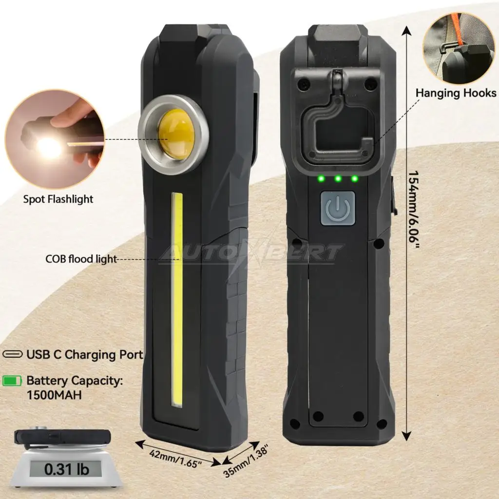 LED Work Light 3 Modes Rechargeable Flashlights Torch with Magnetic Base Rotating Hook COB LED Portable Car Repair Emergency