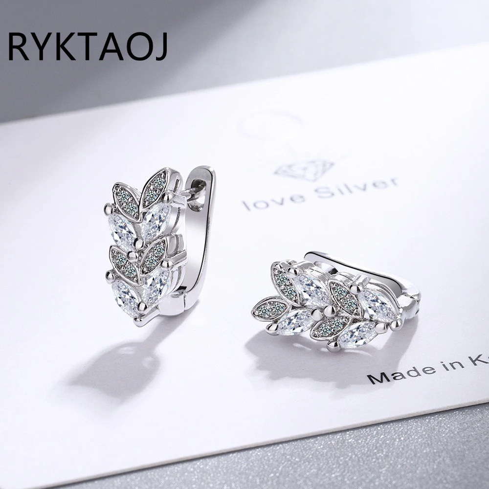 925 Sterling Silver Marquise Cut Cubic Zirconia Huggie Ear Buckle for Women, Wheat Leaf Shape Paved CZ Wedding Fine Jewelry Gift