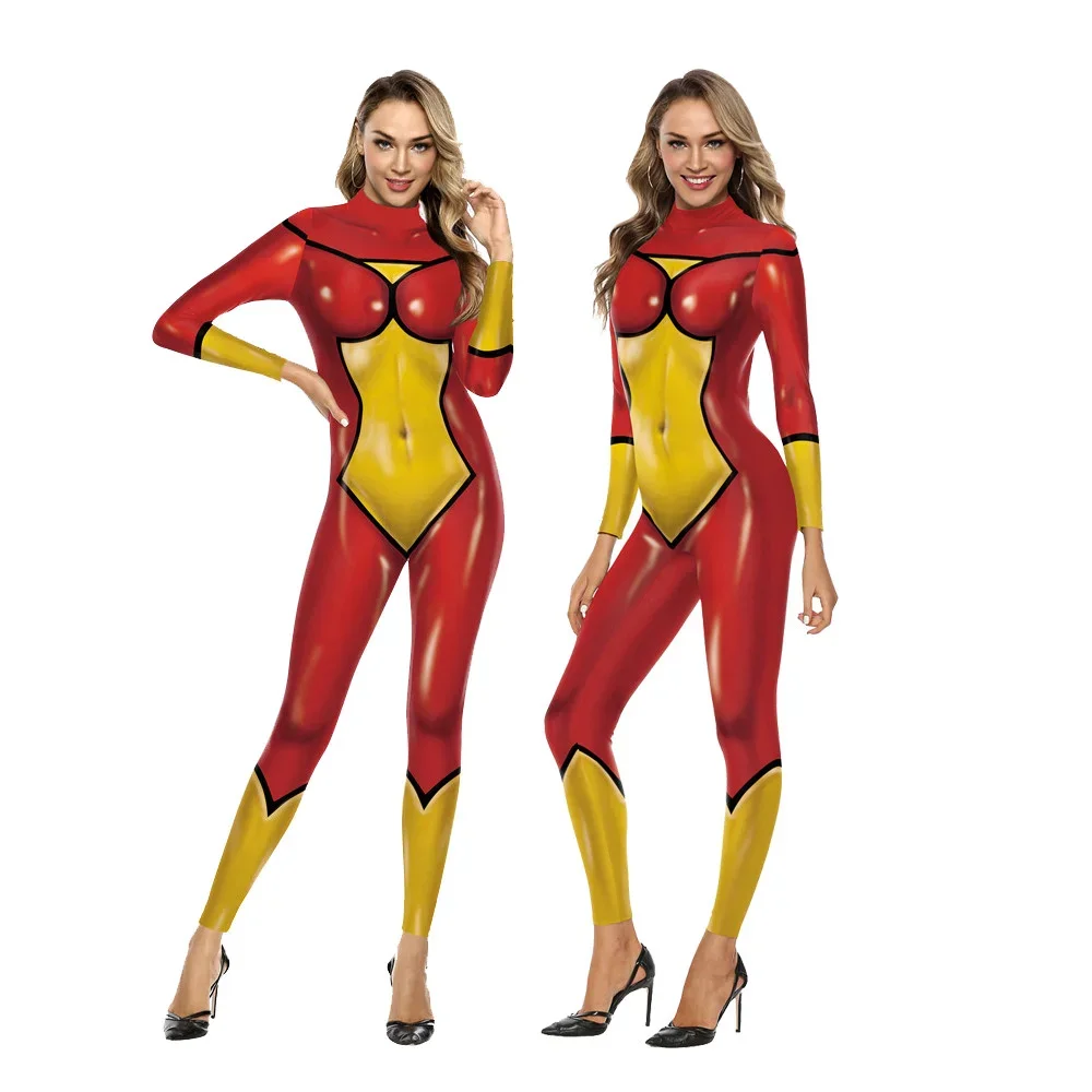 

Cosplay Heroine Combat Printed Women Jumpsuit Carnival Fancy Party Cosplay Costume Bodysuit Adults Fitness Onesie Outfits