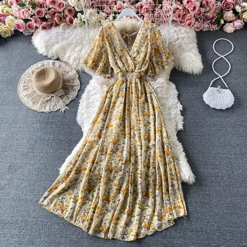 Schickes Elegantes V-Ausschnitt Maxikleid Damen Blumendruck Chiffon Kurzarm-Kleider 2026 Strandparty-Robe Vintage Rüschen Vestidos Y2k
