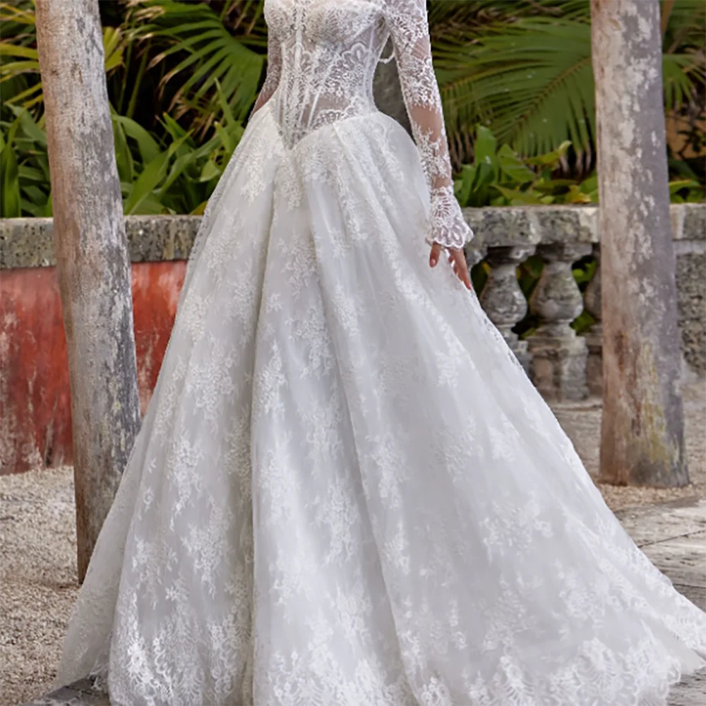 أنيقة قبالة الكتف الدانتيل كم كامل الدانتيل يصل ألف خط فساتين زفاف العروس أثواب الزفاف حسب الطلب