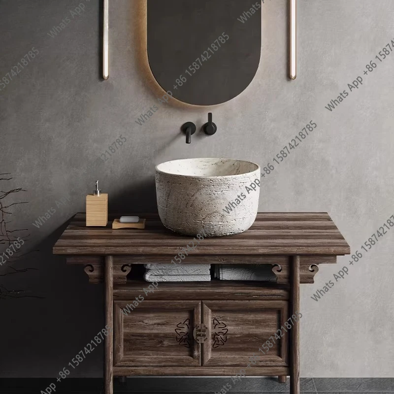 Medieval style table basin wash basin designer high-end creative round wash basin travertine art personalized wash table