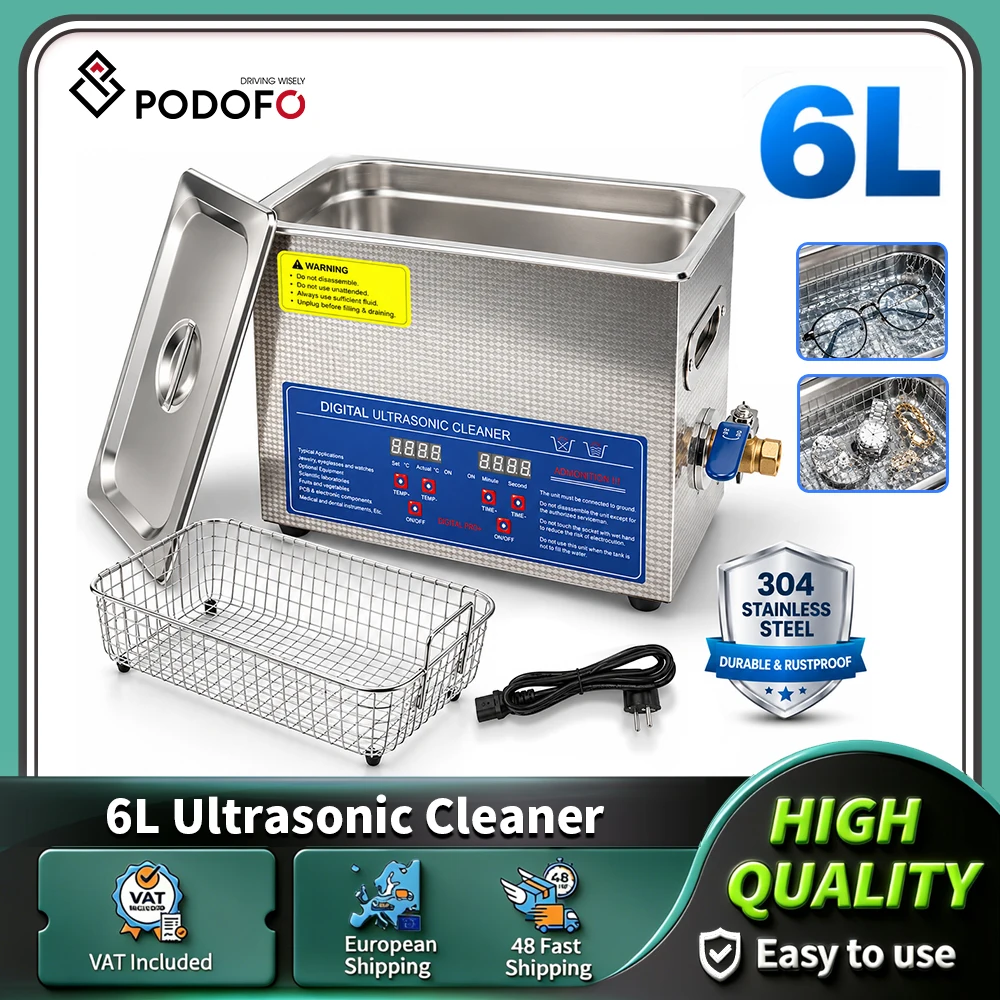 Podofo 6L Ultraschallreiniger 180W Professionelle Ultraschallreinigungsmaschine Tragbare Waschmaschine Haushaltsreinigungsgeräte für Autoteile, Schmuck, Laborinstrumente