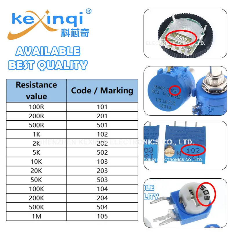 10pcs 3296W 103 10K Top Adjust Square Trimming Potentiometer 1K 2K 5K 50K 100K 200K 500K 1M  202 502 203 503 104 204 504 105 205