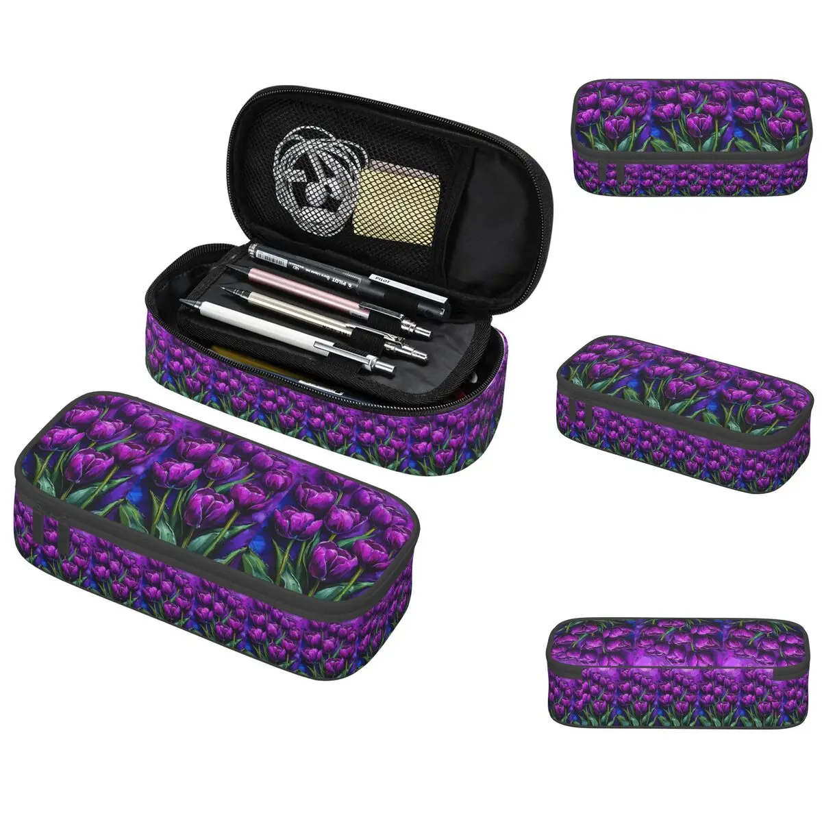 

Purple Tulip Oil Painting Print Pencil Case for Kids School Pen Box Pencil Bag Stationery Supplies Pen Holder Bag