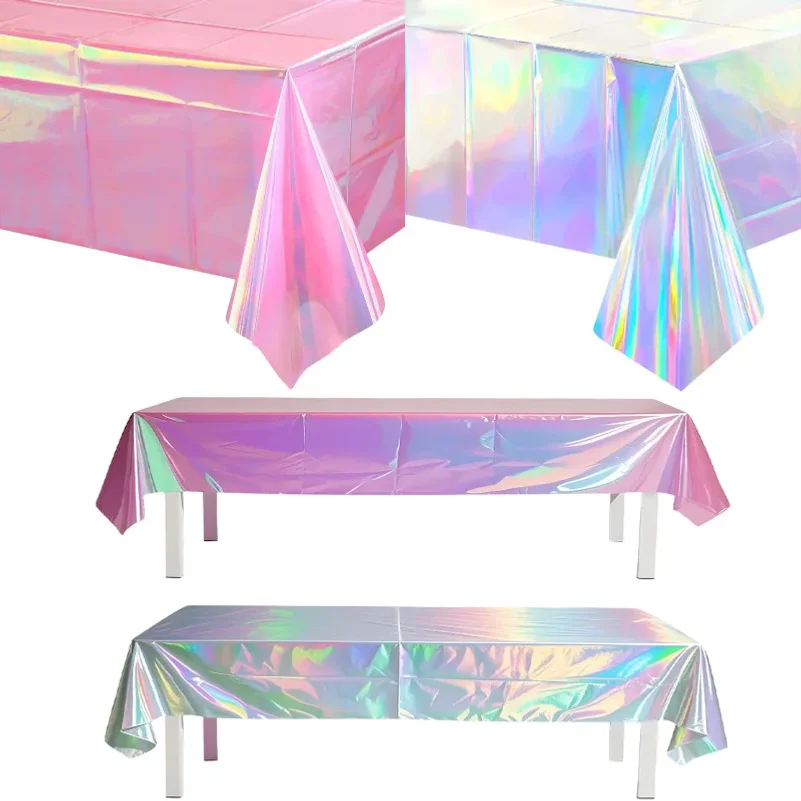 Waterproof Disposable Holographic Tablecloth Iridescent Laser Shiny Table Cover Plastic Table Cloth Home Party Supplies for Disc