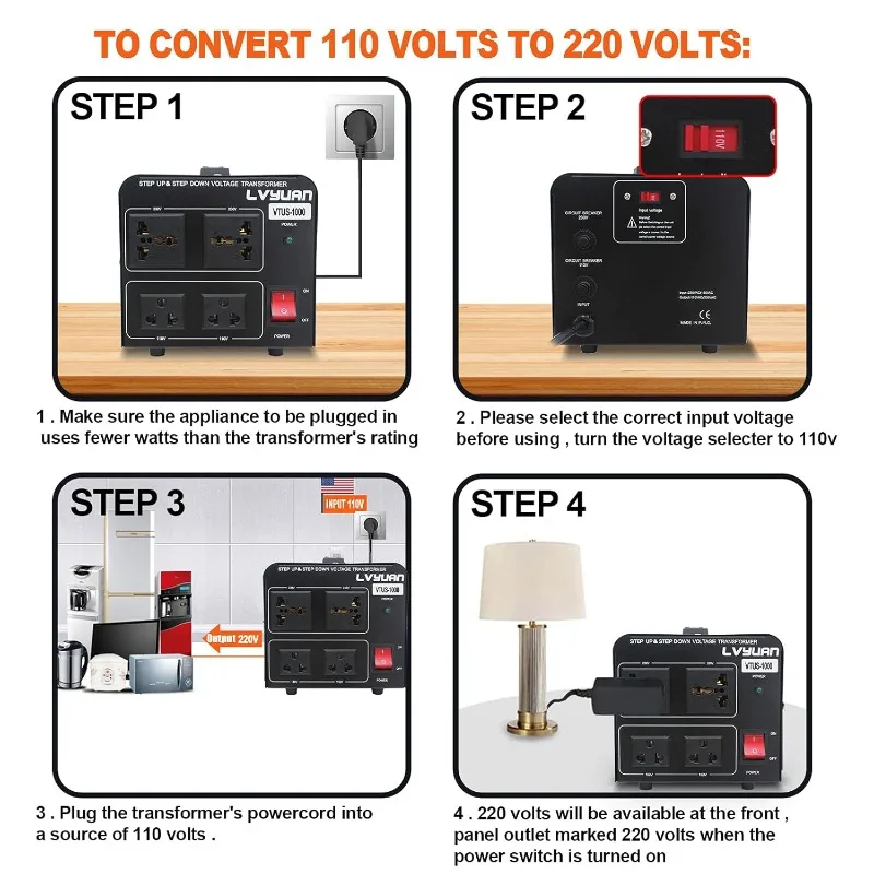 LVYUAN Voltage Converter Transformer 1000 Watt Step Up/Down Convert from 110V-120V to 220V-240Vt