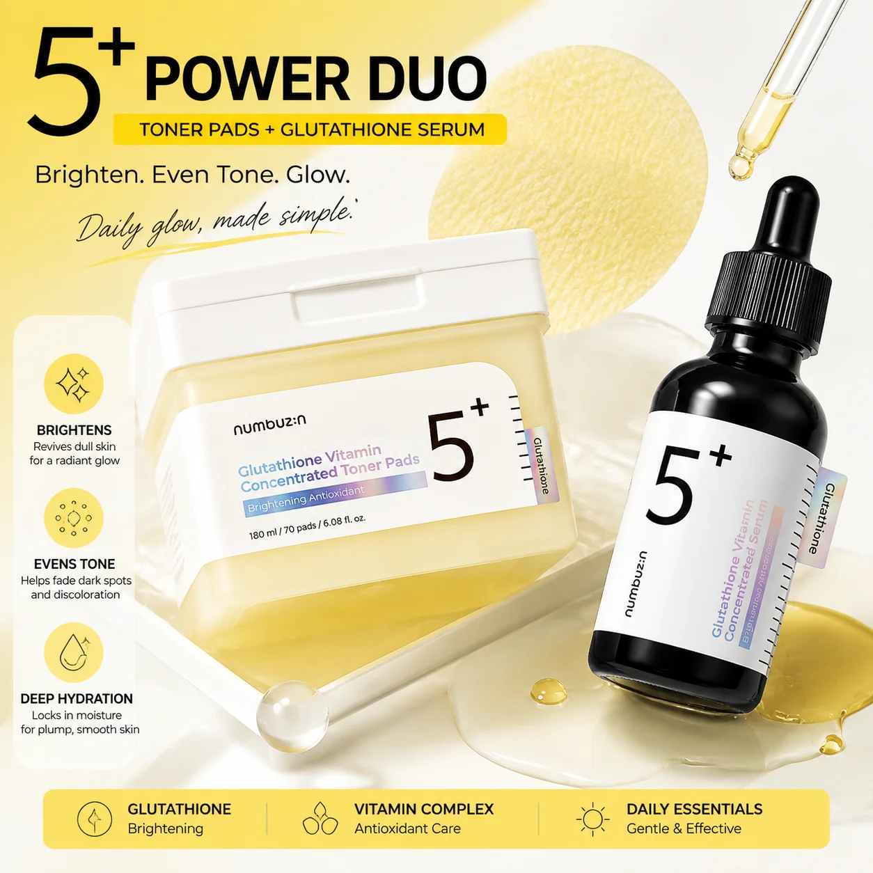 Original Numbuzin No.5+ Spot-Fading Kit - Vitamin Niacinamide Toner Pads & Glutathione Serum for Targeted Dark Spot Antioxidant
