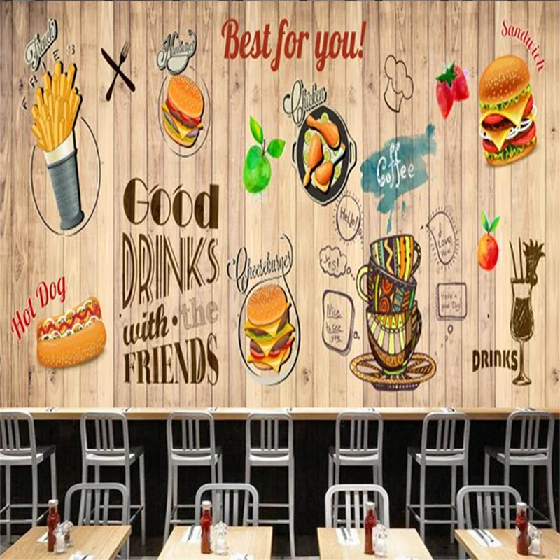 

Wooden Board Burger Fries Hot Dog Wallpaper Industrial Decor Mural Snack Bar Fast Food Restaurant Background Wall Papel Tapiz