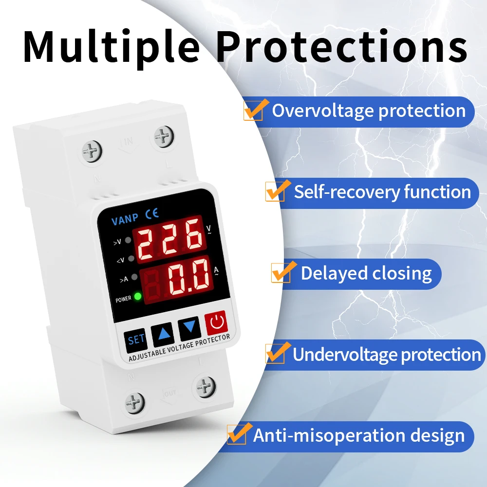GTRIC Over Under Voltage Protector Adjustable Over Voltage 63A 220VAC Din Rail Under Voltage Protection Device Protector Relay