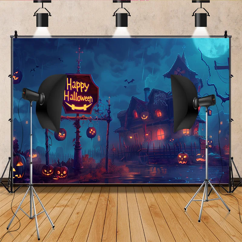 Halloween Backdrop Full Moon Scary House Night Castle Graveyard Forest Bats Pumpkin Lantern Spooky Photography Background  SJ-11