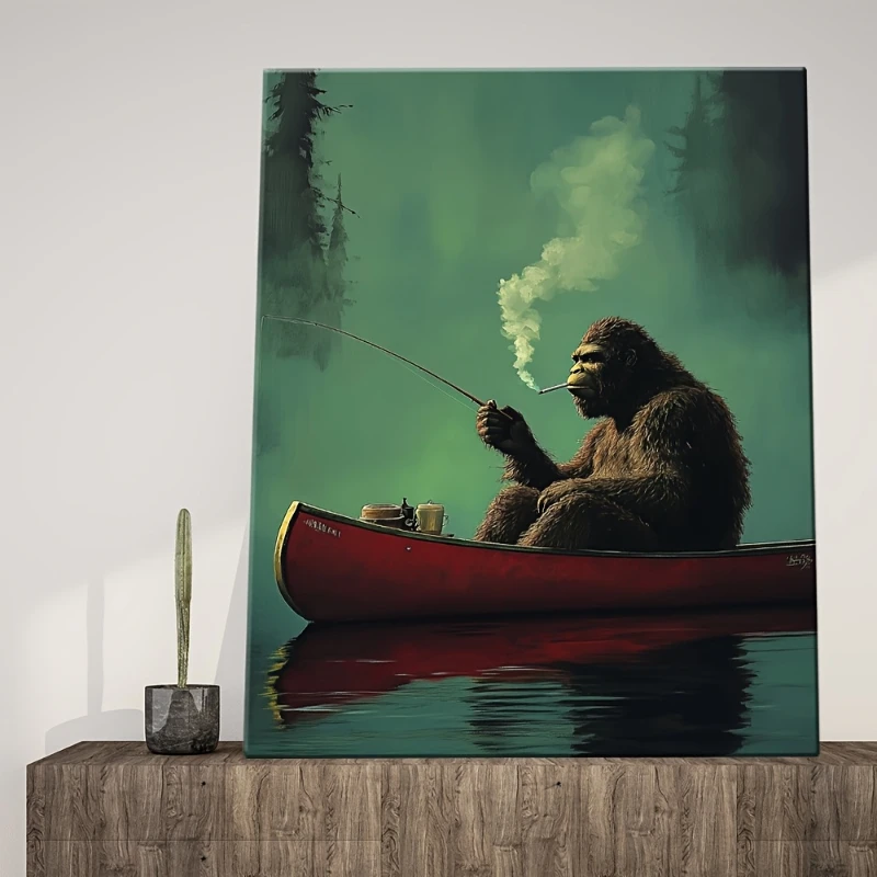 Frameless canvas paintings,Smoking Gorilla Fishing in Red Canoe Poster Prints Abstract Animal Art Canvas Painting Wall Art Pictu