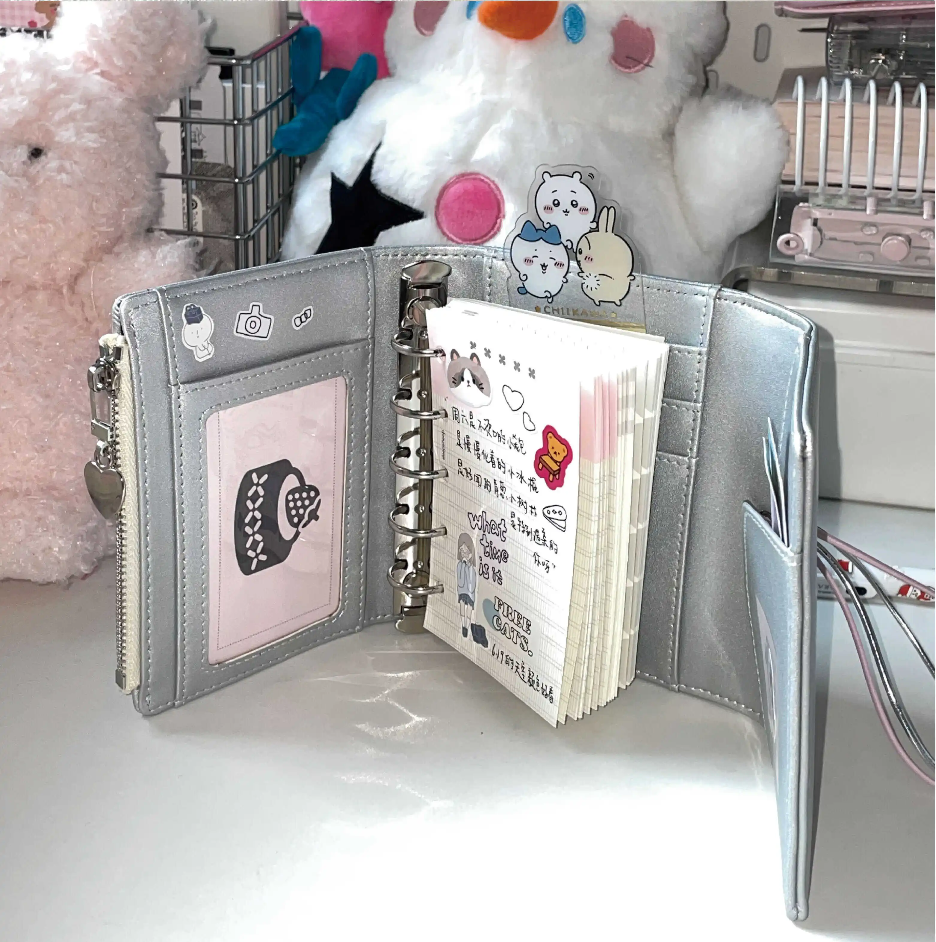 M5/A8 Silver PU Loose Leaf Notebook Three Folder Cover Planner Agenda Organizer Diary Portable 6 Ring Binder 2024 New