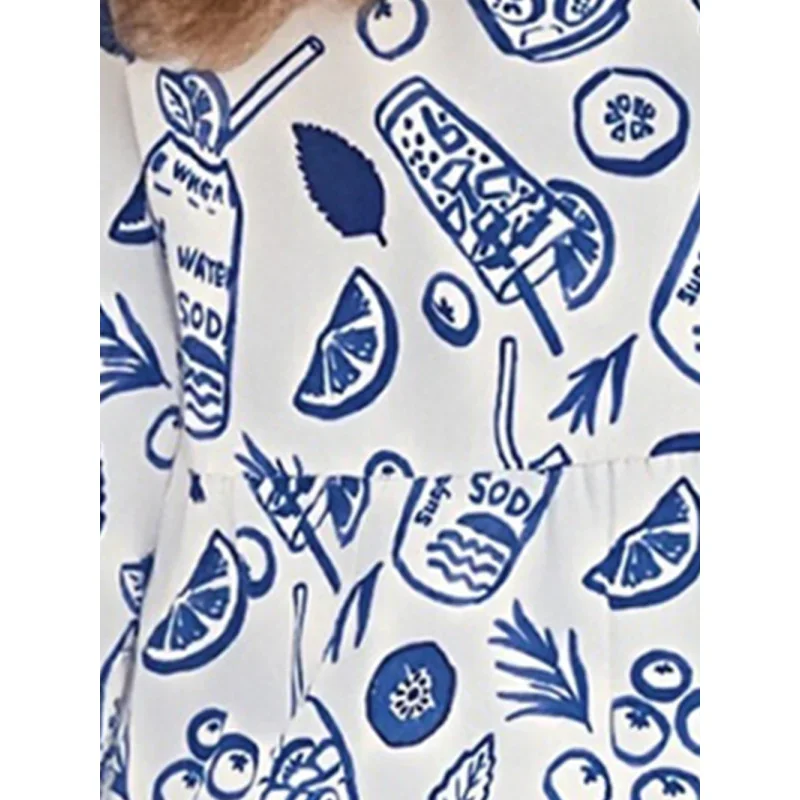 2025 الفتيات الأزرق والأبيض الصودا الفاكهة طباعة فستان بكم طويل الربيع والصيف الطازجة شاطئ البحر نمط الاطفال الركبة طول تنورة