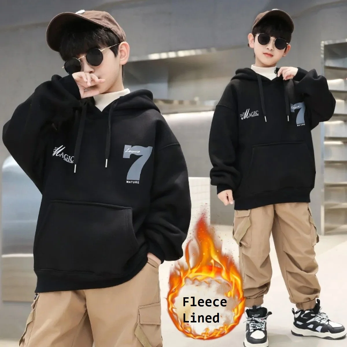 Winter Warm Boys Cotton Fleece Lined Alphabet Sweatshirt Jacket School Kids Track Pullover Coat Tops Child Work Jumper 7-16Years