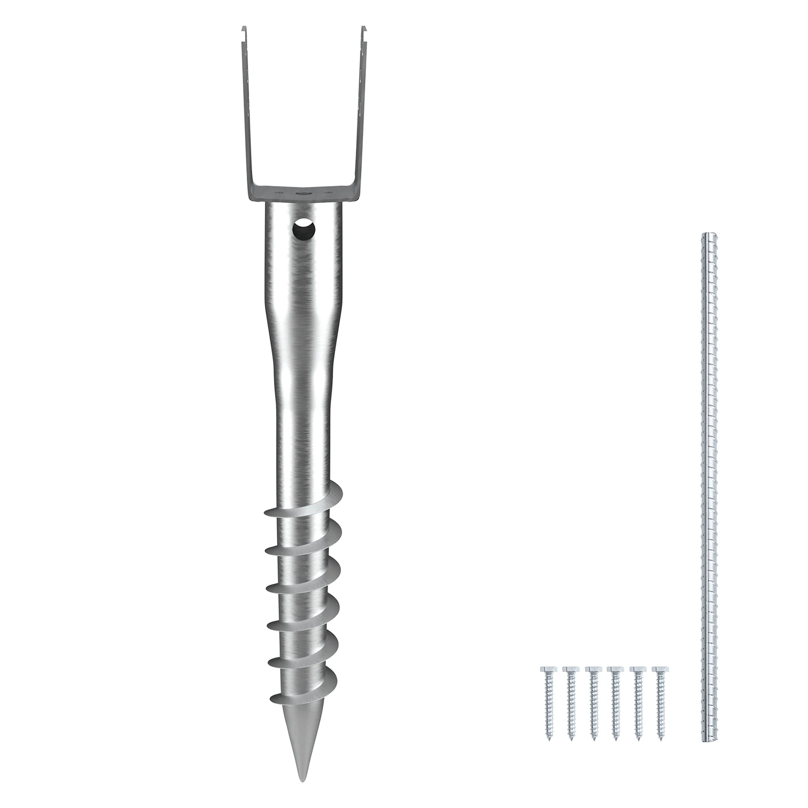 VEVOR No Dig Ground Anchor 3.94 x 2.76 x 27.56 in DIY Screw in Post Stake Includes 6 Lag Bolts a Rebar U-Shape Holder