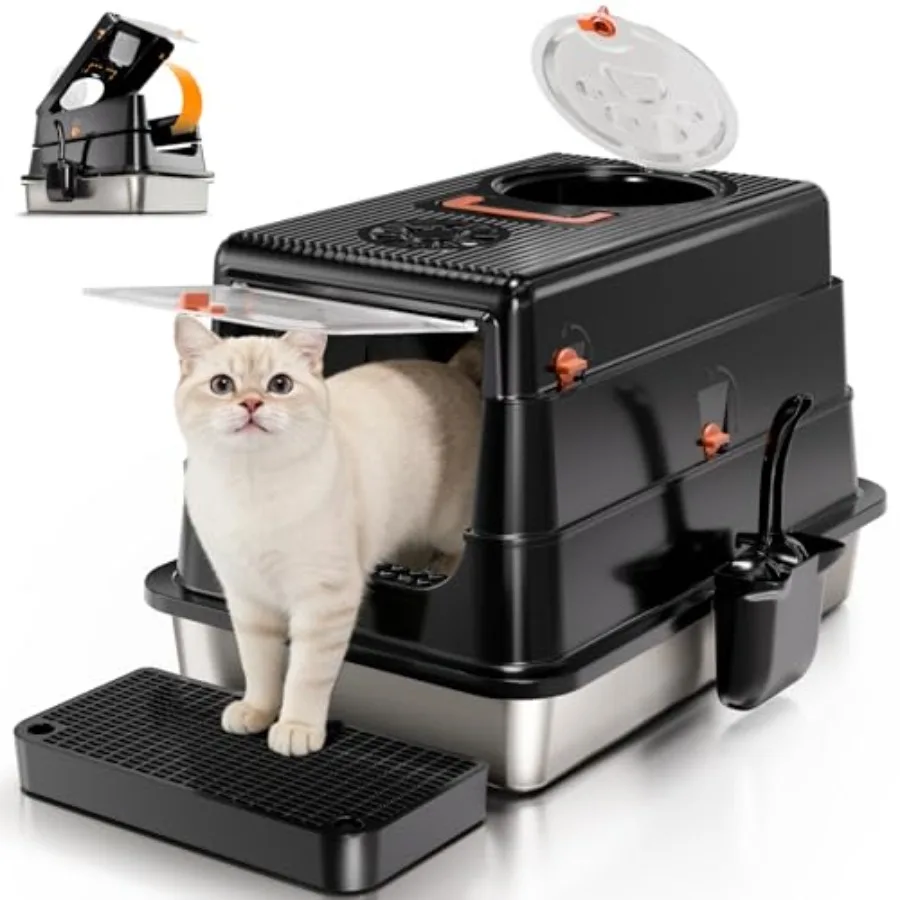 

Stainless Steel Cat Litter Box with Lid Enclosed Extra Large Metal Litter Pan for Big Cats Full Flip Cover High Sided LitterBox