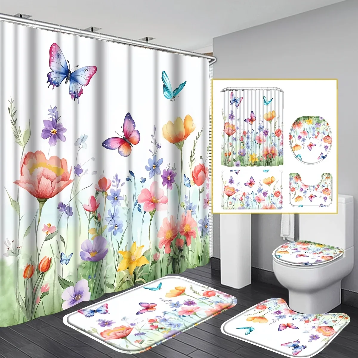 

Набор из 4-х занавесок для душа с яркими полевыми цветами и бабочками, нескользящий коврик, нескользящий U-образный коврик для унитаза с крючком