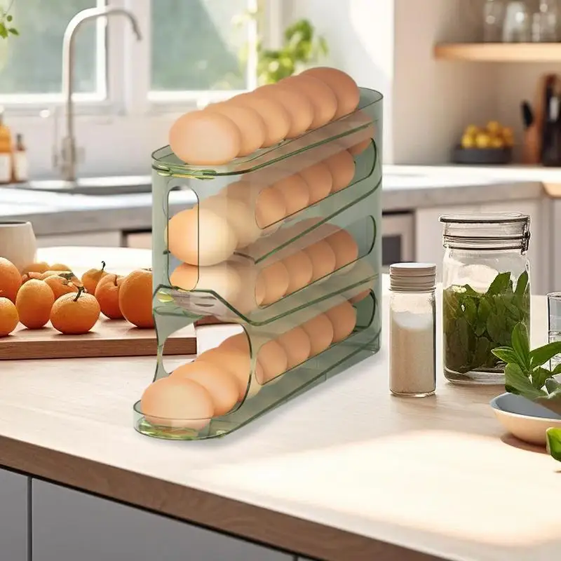 Egg Storage Box 4 Layers Rolling Egg Holder Automatic Egg Rack Food Grade Space-Saving Egg Organizer Large Capacity Egg