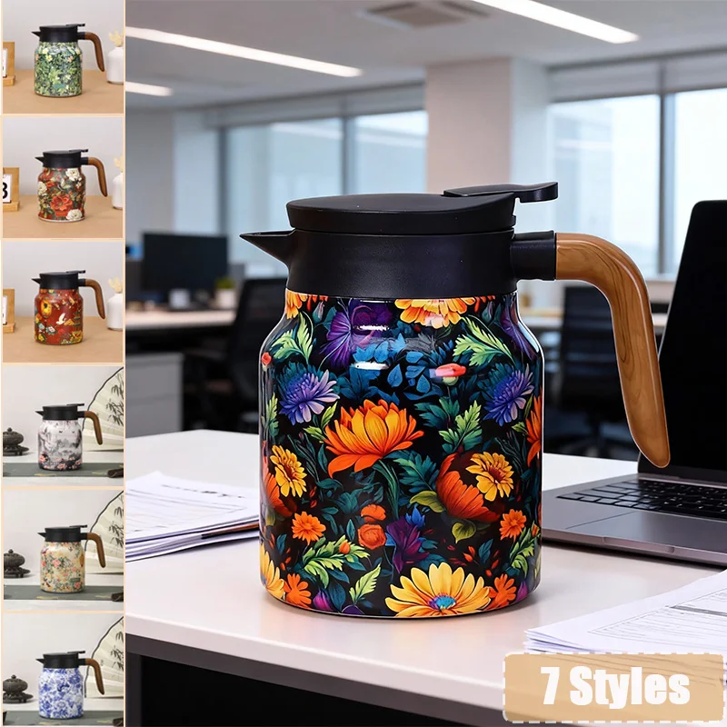 

Vintage Style 1000ml Stainless Steel Tea/Coffee Thermos Drip-Proof Teapot with Wooden Handle Floral Design Chinese Tea Set 은주전자