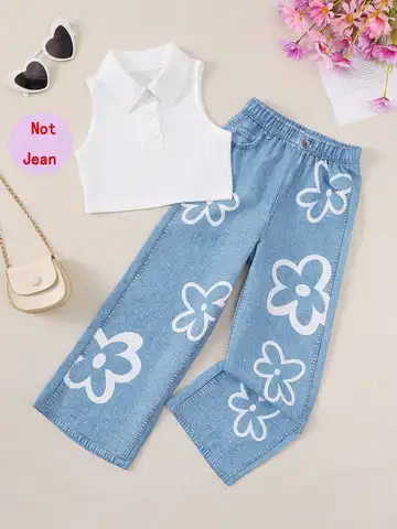 어린 소녀의 단색 캐주얼 탱크탑과 데님 룩 꽃무늬 스트레이트 팬츠, 여름