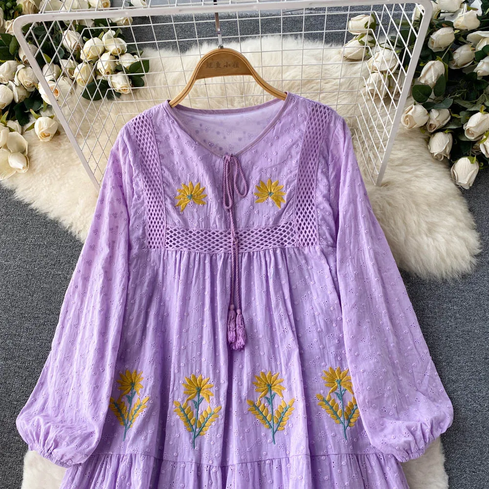 Vintage Chic Women Bohemian Heavy Flowers Embroidered Cotton Medium length Dress Robe Ladies V Neck Tassel Boho Maxi Dresses