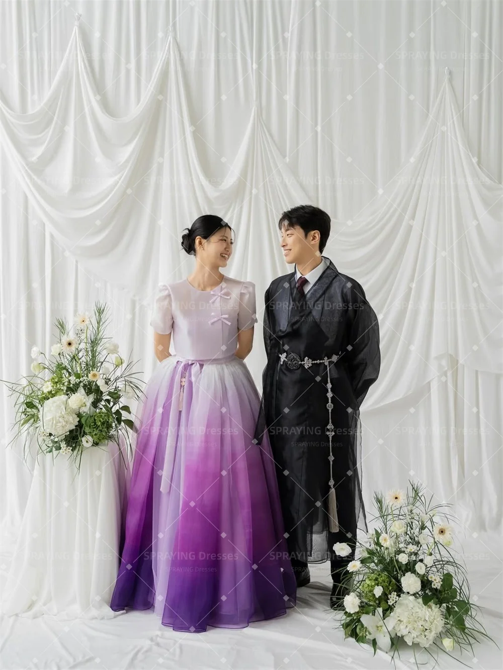 SPRAYING Gradient Purple Organza Evening Dress Korea Wedding Photo Shoot O-Neck Short Sleeves Long Party Dress Corset Customized