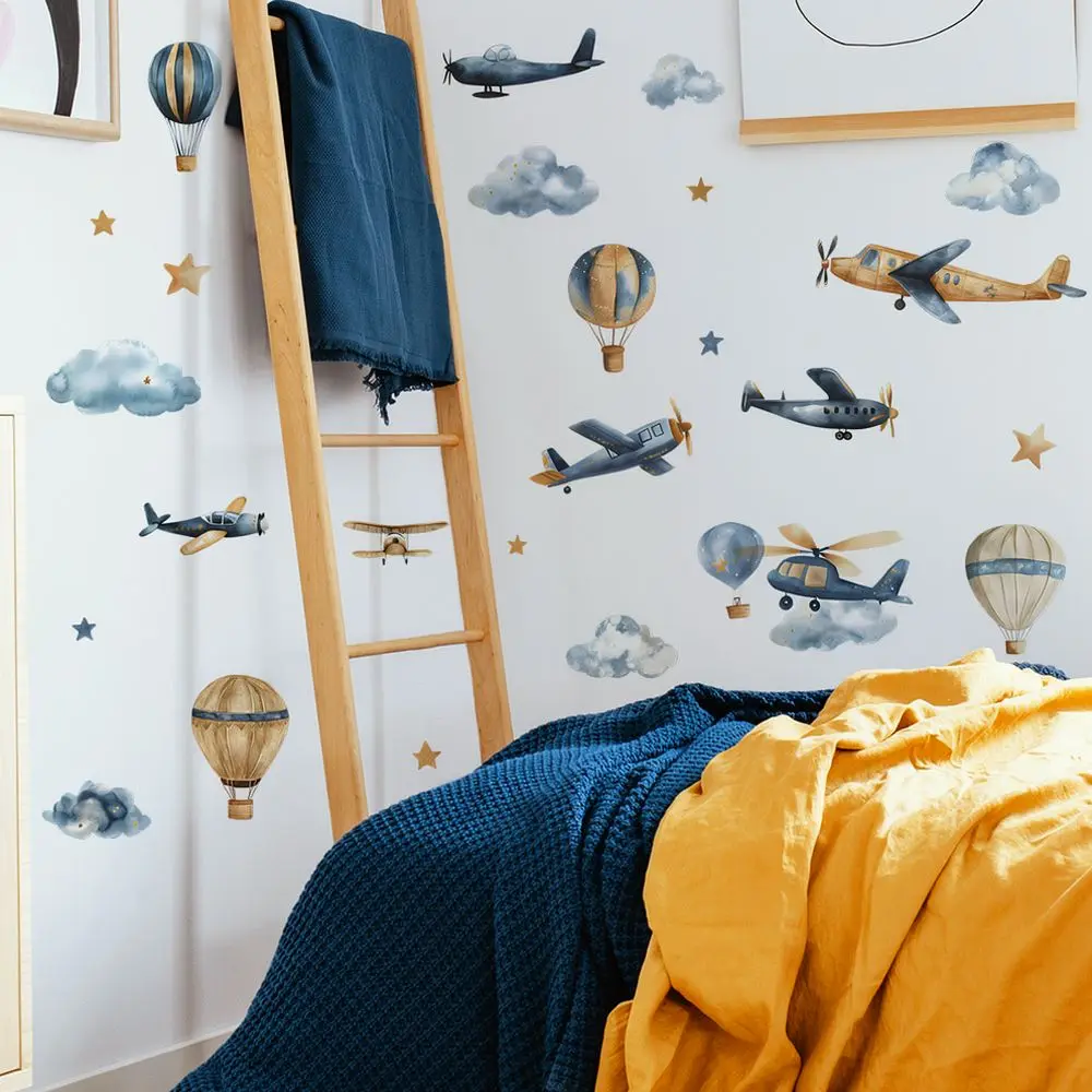 Self Adhesive Airplane Cloud Wall Decal Hot Air Balloon Sticker For Nursery Bedroom Living Room Home Wall Art Decor