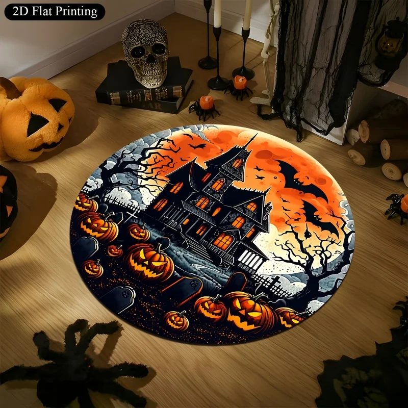 Haunted House Pumpkin Halloween Round Rug, Bat Spooky Castle Printed Circular Floor Carpet, Indoor Home Decor