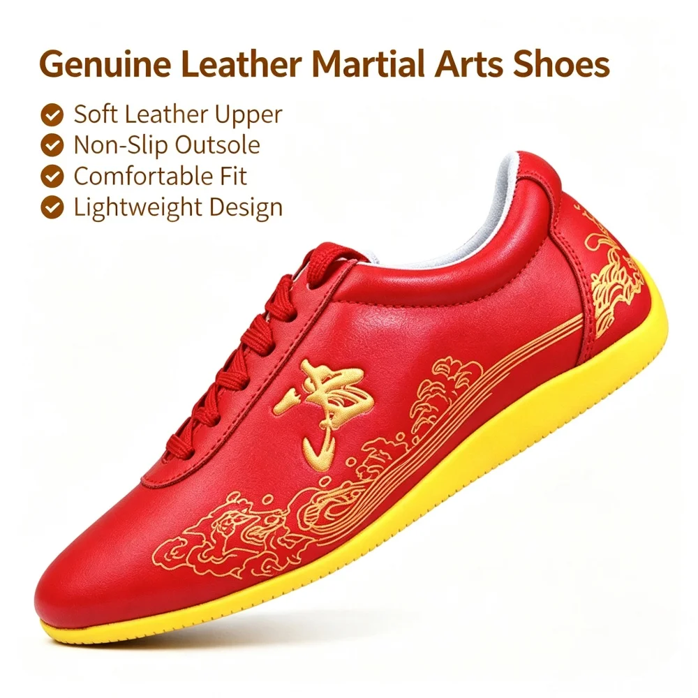 Glossy Genuine Leather Kung Fu Shoes Embossed Wu Character Wave Pattern Non-slip Yellow Outsole Tai Chi Wushu Competition Sneake view 2