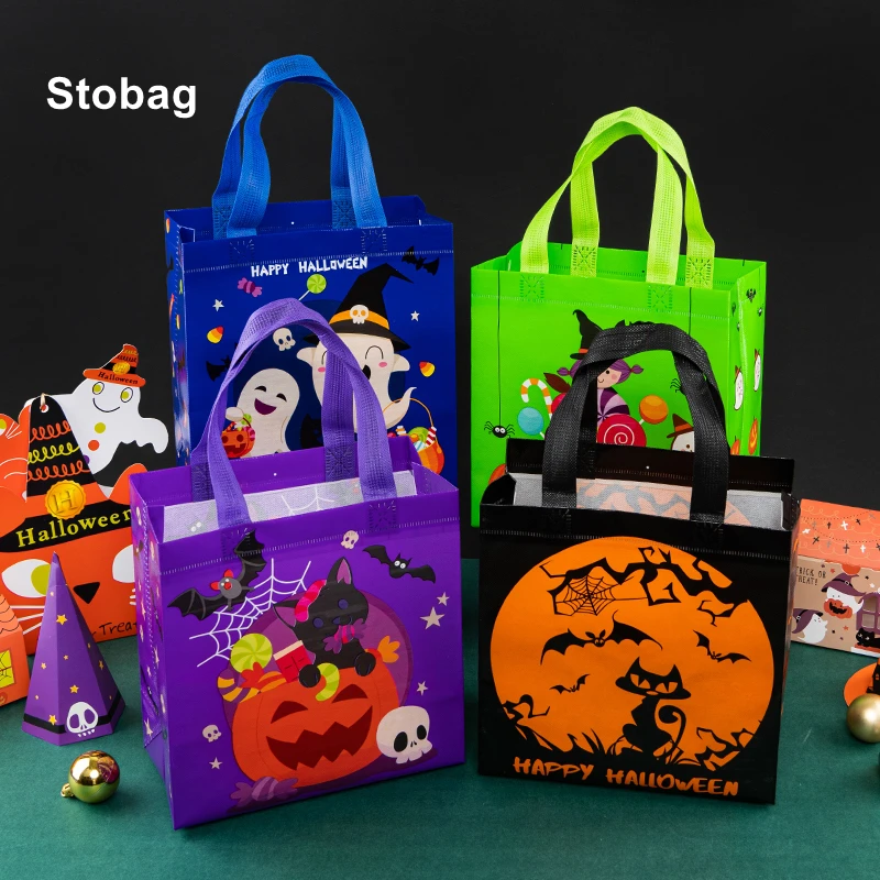 

StoBag 12pcs Happy Halloween Tote Bags Gift Package Fabric Hnadle Trick or Treat Children Kids Party Favors New Year Supplies