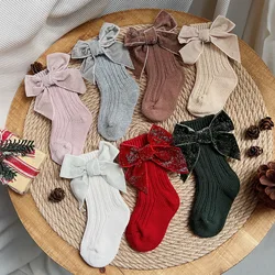 Baby Girls Christmas Socks Kids Cotton Big Bow Sock Solid Woolen Leg Warmers Girl Toddler Soft Thicken Socks For 0-5Years
