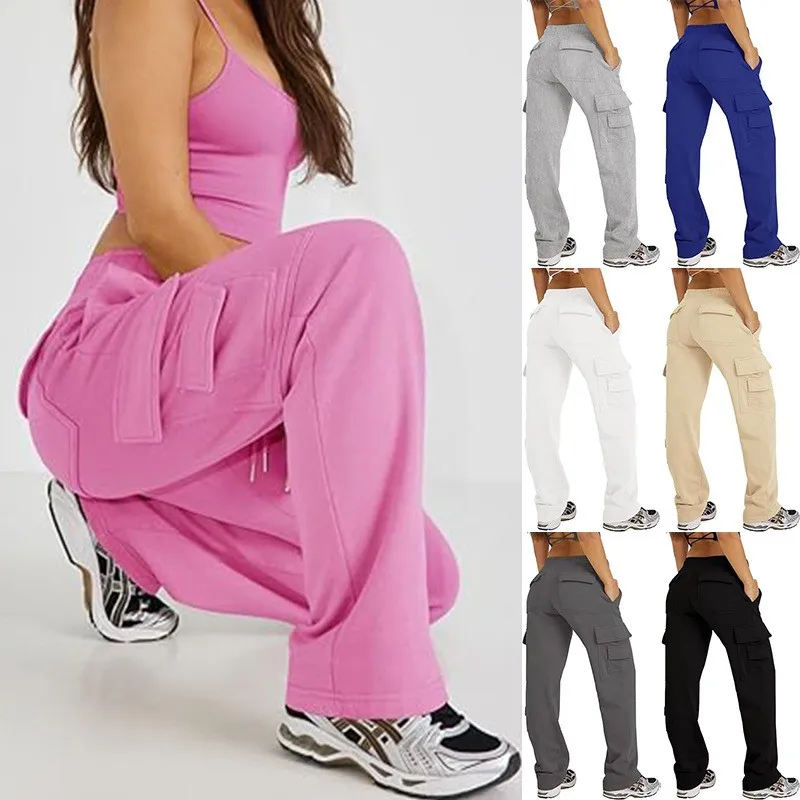 Women Cargo Pants Cotton High Waist Loose Fit Utility Pants Wide Leg Multi Pocket Work Pants Black Straight Leg Elastic Waist