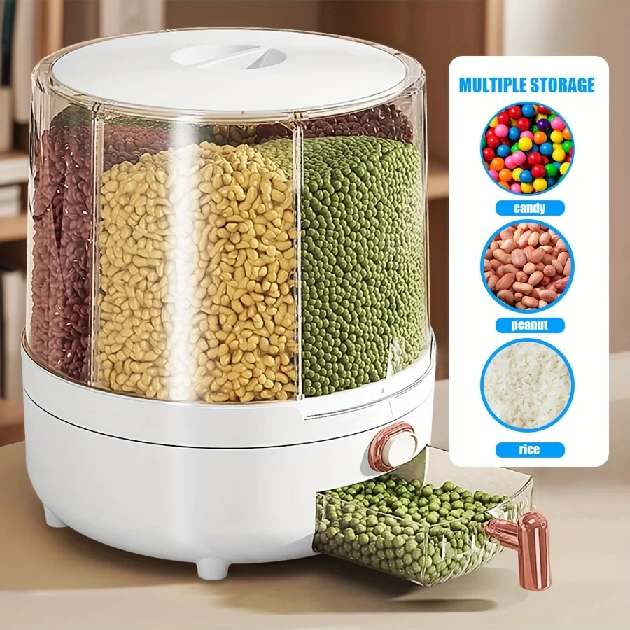 

25Lbs Cereal Dispenser,360 Degree Rotating ,6 Compartment PP Plastic Dry Food Dispenser for Kitchen