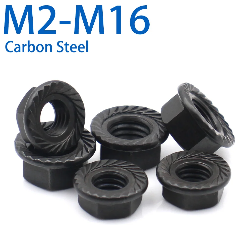 2/3/5/10/30pcs Carbon Steel Hex Serrated Flange Nuts Anti-Slip Hexagon Fasteners M2 M2.5 M3 M4 M5 M6 M8 M10 M12 M16